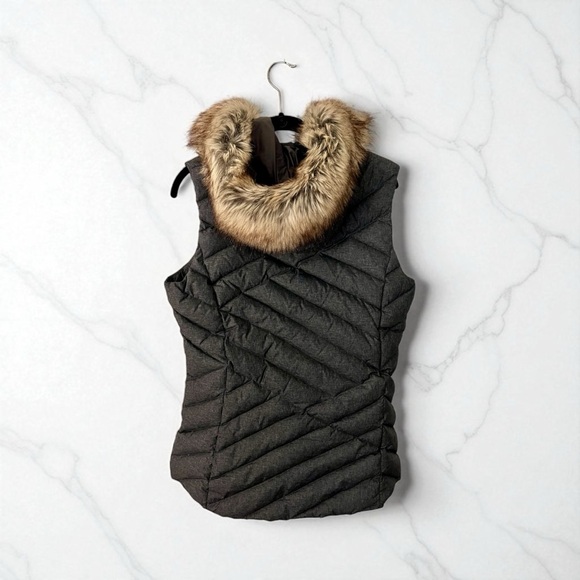 Eddie Bauer Women’s Gray -Blue Quilted Down Vest with Faux Fur Trim - Picture 2 of 4